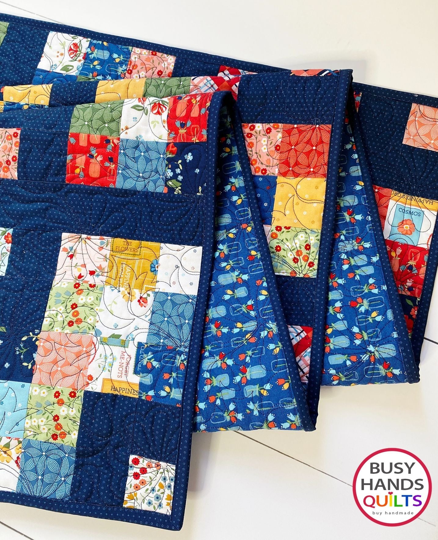 Handmade Grid Pop Throw Quilt in Forget Me Not