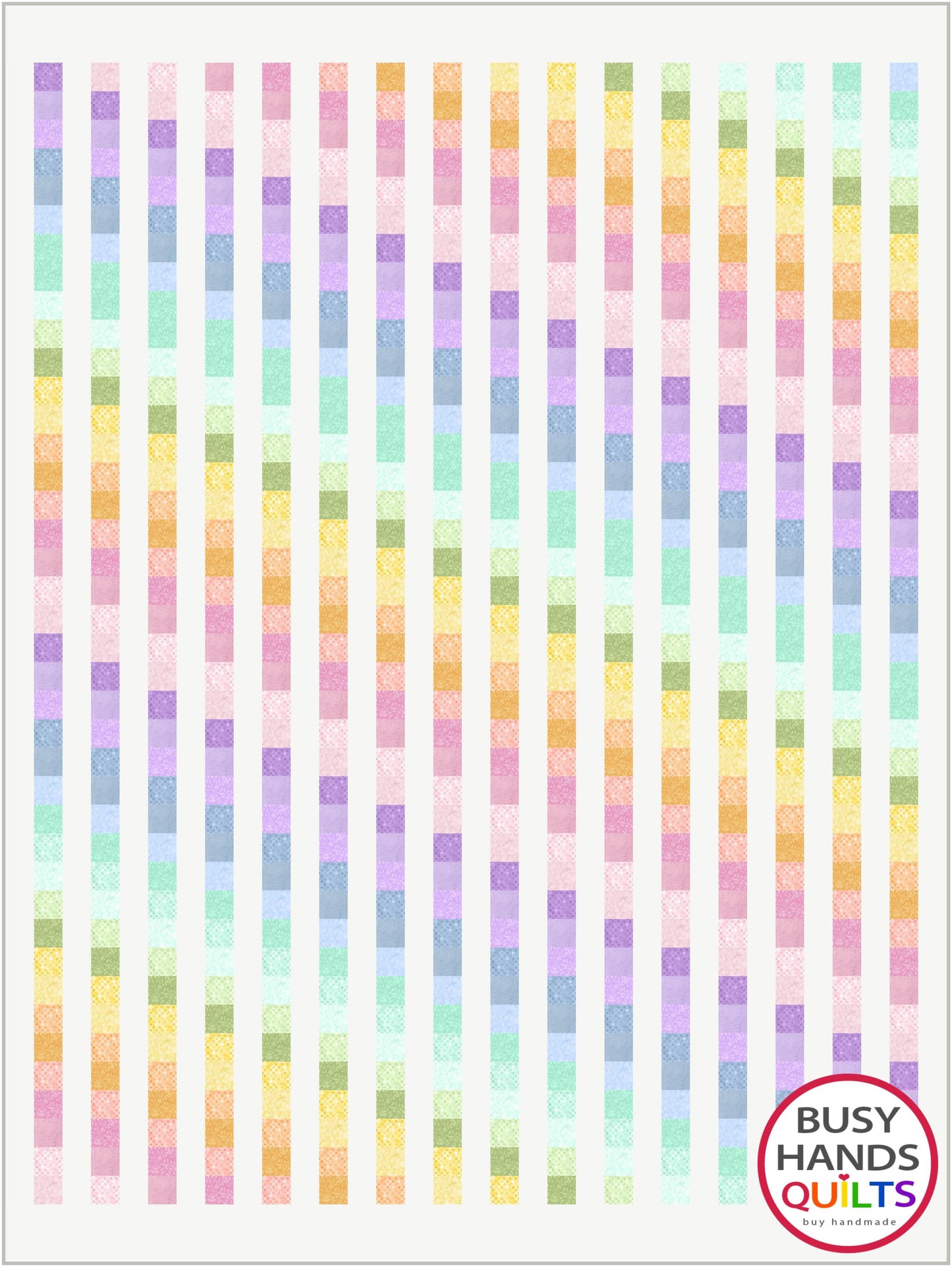Pastel colored Easy Bargello quilt pattern with 'Busy Hands Quilts' logo on a white background