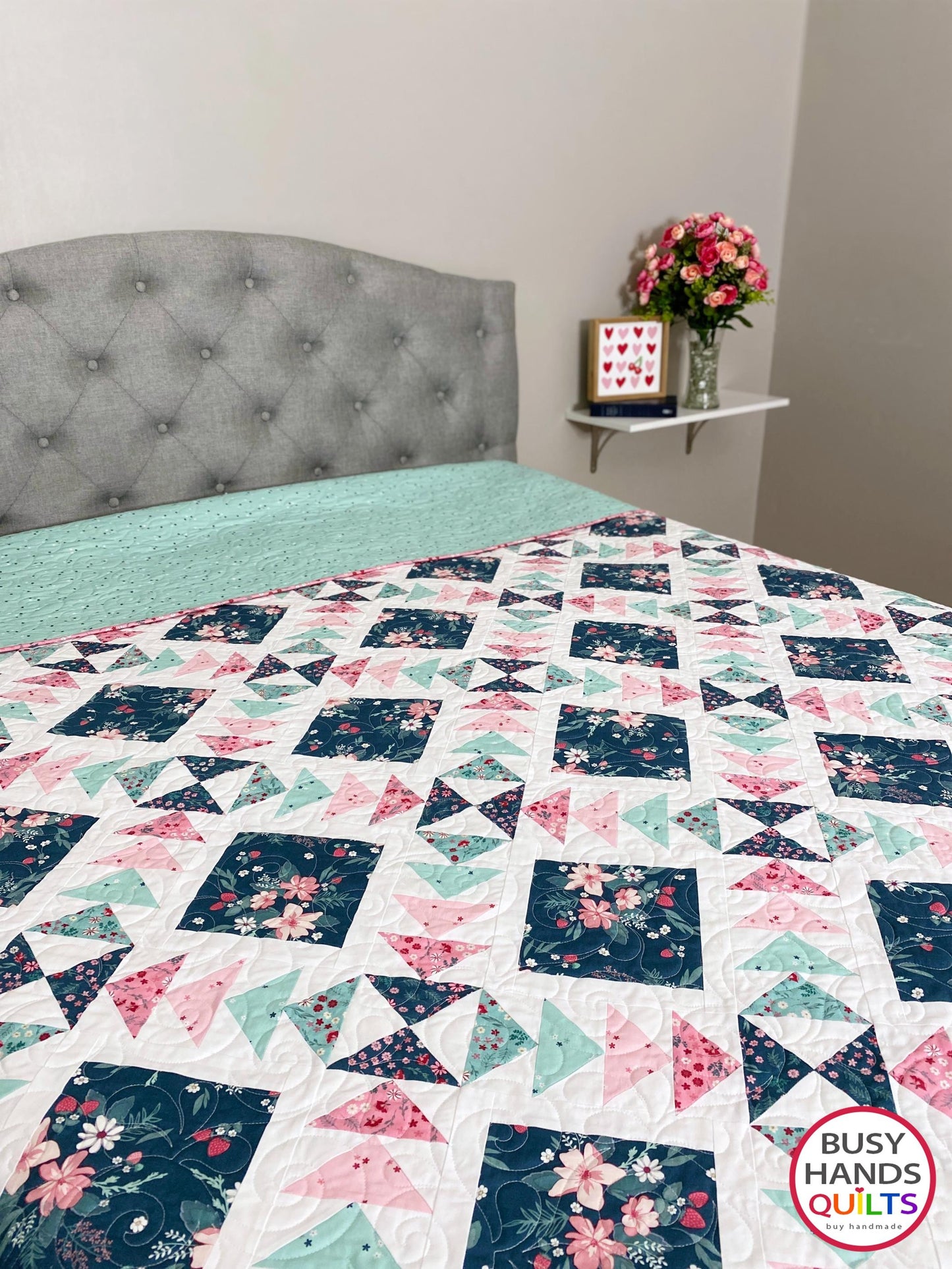 Handmade Harmony Long Queen Quilt in Berry Market