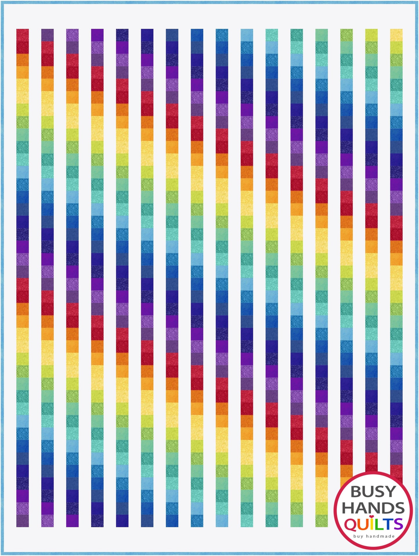 Rainbow striped Easy Bargello quilt pattern with 'Busy Hands Quilts' branding at the bottom.