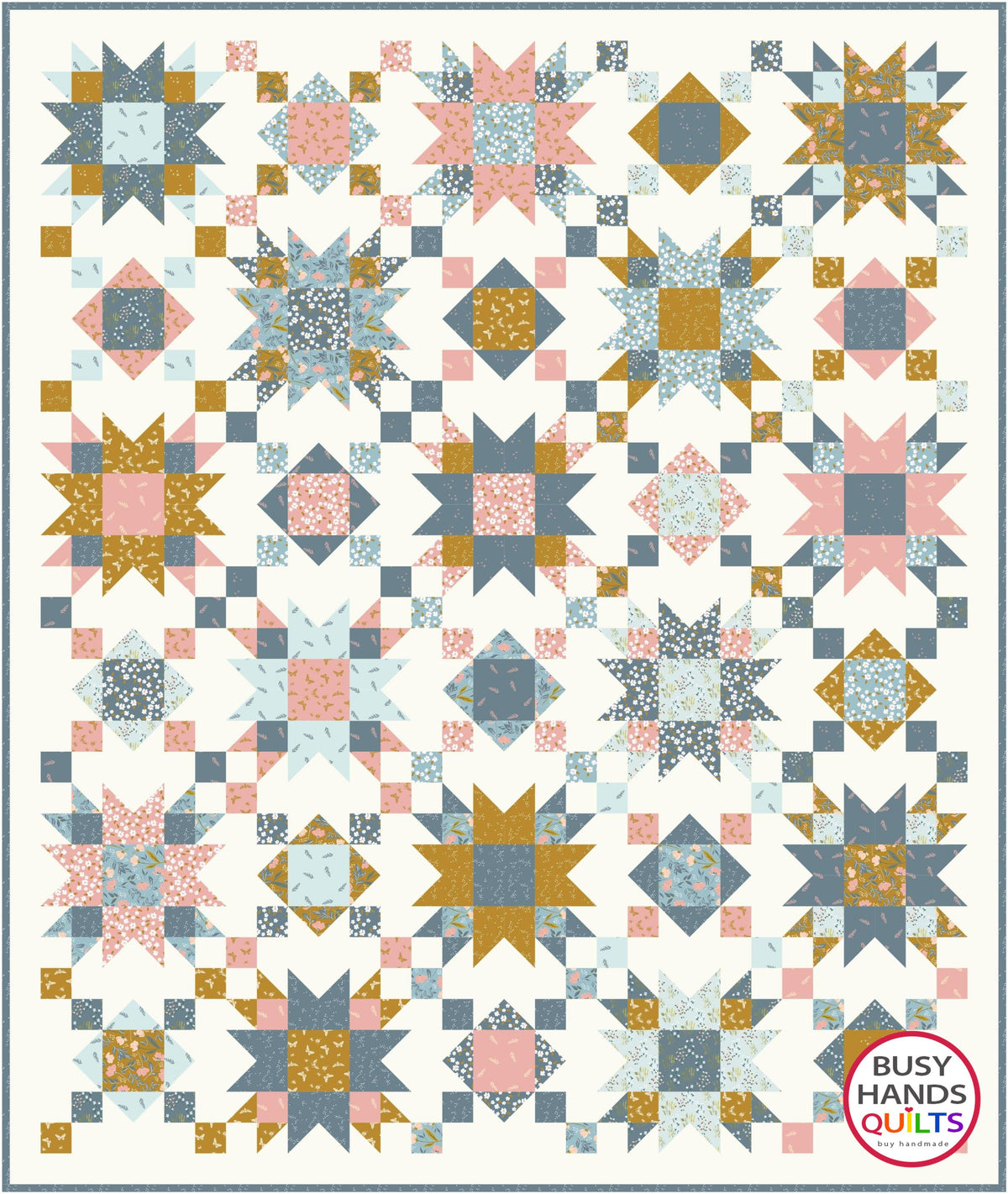 Mockup of a Summer on the Porch throw size quilt with star and chain quilt blocks in Petal and Hazel by Riley Blake Designs, gold, gray, pink, mauve, creamy white