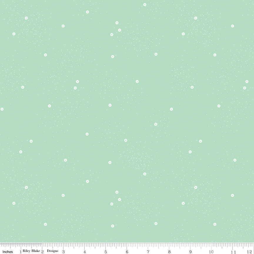 Mint green wide backing quilt fabric with small white polka dots