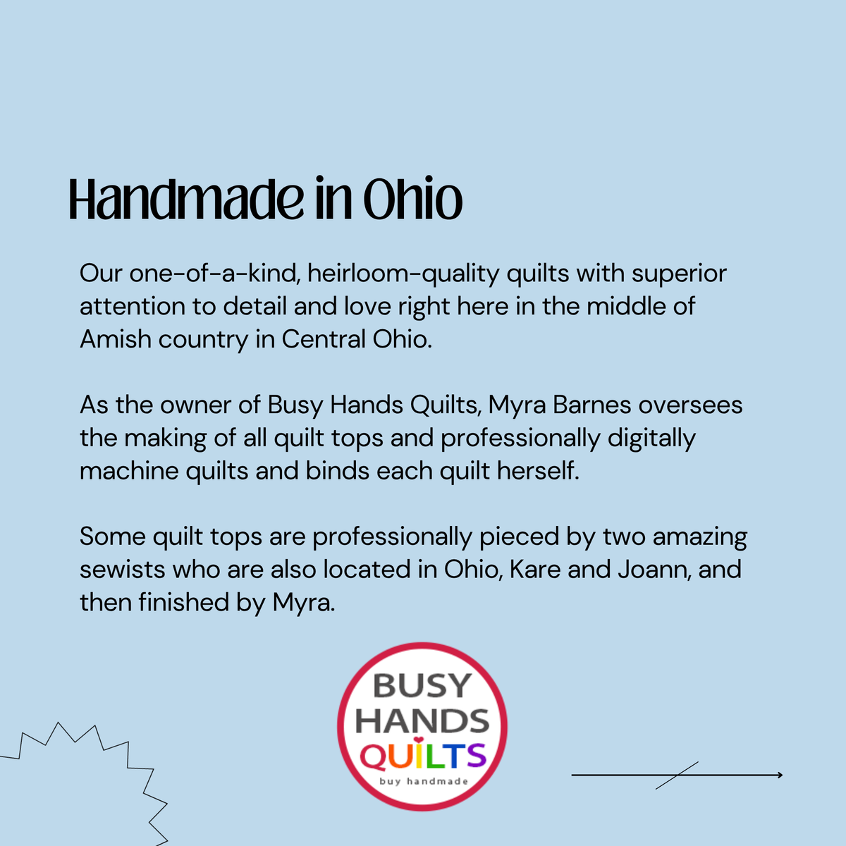 A light blue promotional graphic with the headline 'Handmade in Ohio' and several paragraphs of black text describing Busy Hands Quilts and quilt-making in Ohio. A circular logo at the bottom reads 'BUSY HANDS QUILTS' with 'Day handmade' underneath.