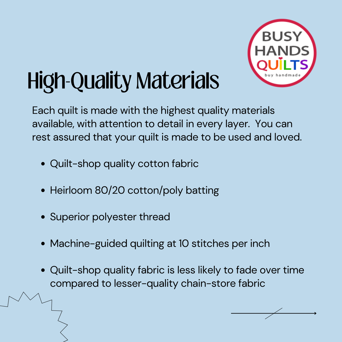 A light blue promotional graphic for Busy Hands Quilts with text highlighting high-quality materials, including cotton fabric, heathered batting, polyester thread, and machine-guided quilting. The Busy Hands Quilts logo appears in the top right corner.