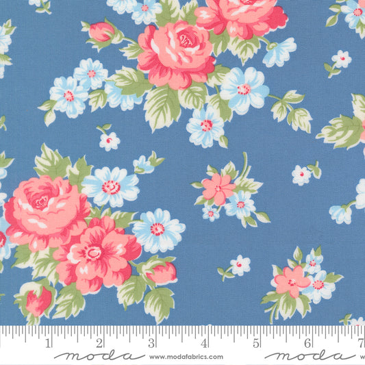 By the Half Yard - Cabbage Rose in Blue 55340-13 - A Cat Named Stitch by Camille Roskelley for Moda