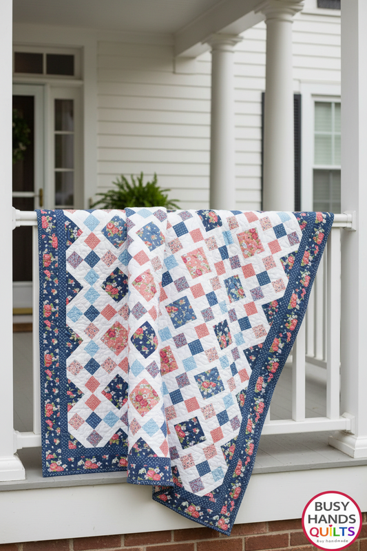 Quilt with a floral pattern draped over a railing on a porch Beginner Quilt Pattern PDF Download Digital Tutorial Easy Quilting Modern Design Fat Quarter Friendly Project Baby Gift Throw Twin Queen King Bed Size Simple Piecing Quick Finish Confident Starter Level Contemporary Style Instant Access