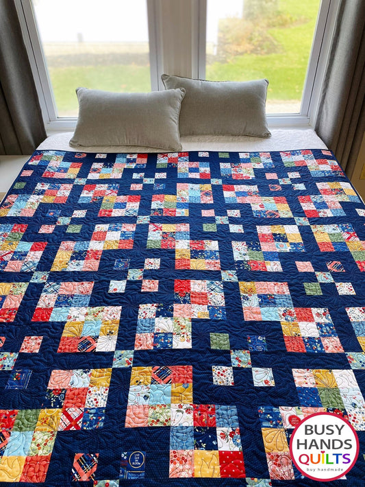 Handmade Grid Pop Throw Quilt in Forget Me Not