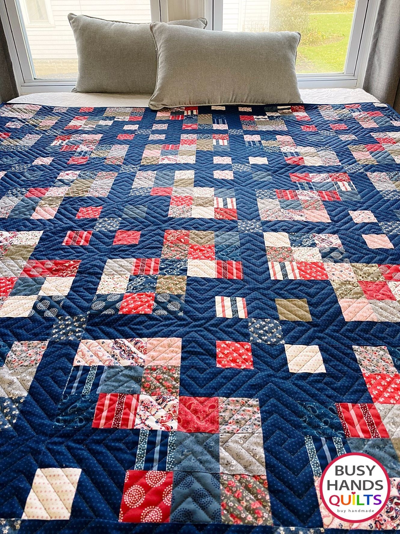 Handmade Grid Pop Throw Quilt in Hudson