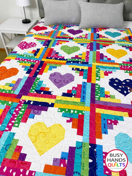 Handmade Quilty Cabins Throw Quilt in Dream Rainbow