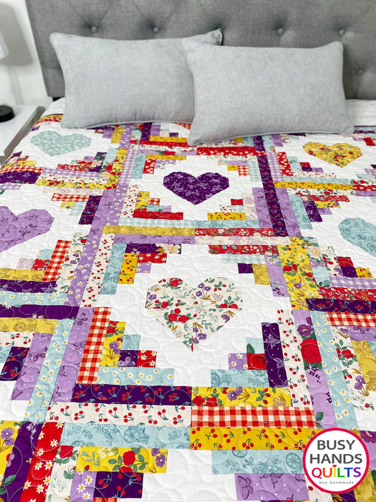 Handmade Quilty Cabins Throw Quilt in Sweet Picnic