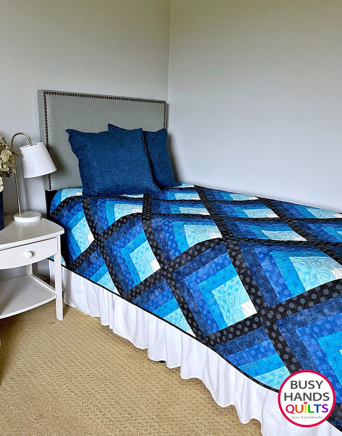 heirloom quality handmade throw quilt in blues from light to dark with black sashing, Christmas and birthday gift ideas, gifts for him, one of a kind
