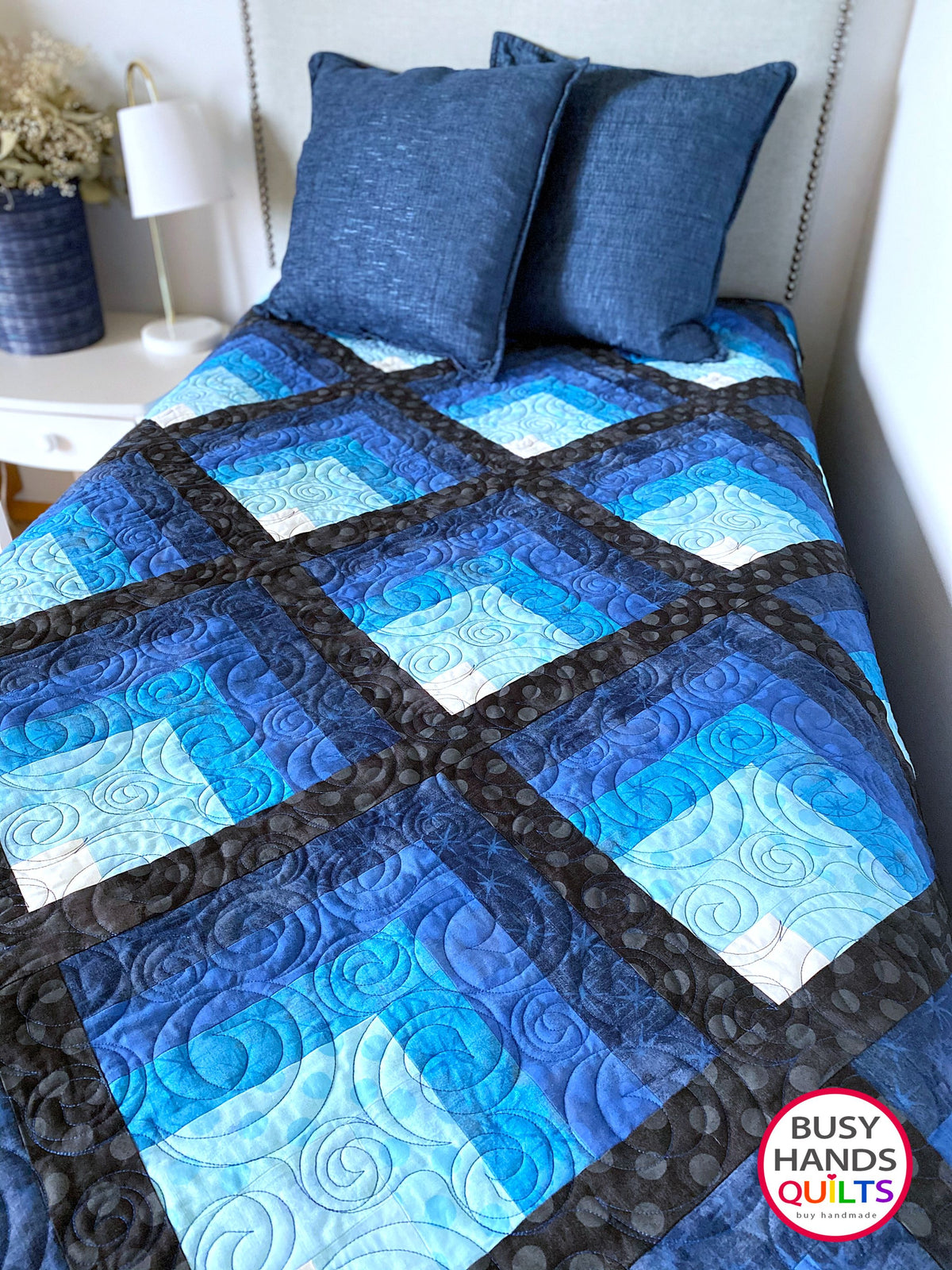 heirloom quality handmade throw quilt in blues from light to dark with black sashing, Christmas and birthday gift ideas, gifts for him, one of a kind