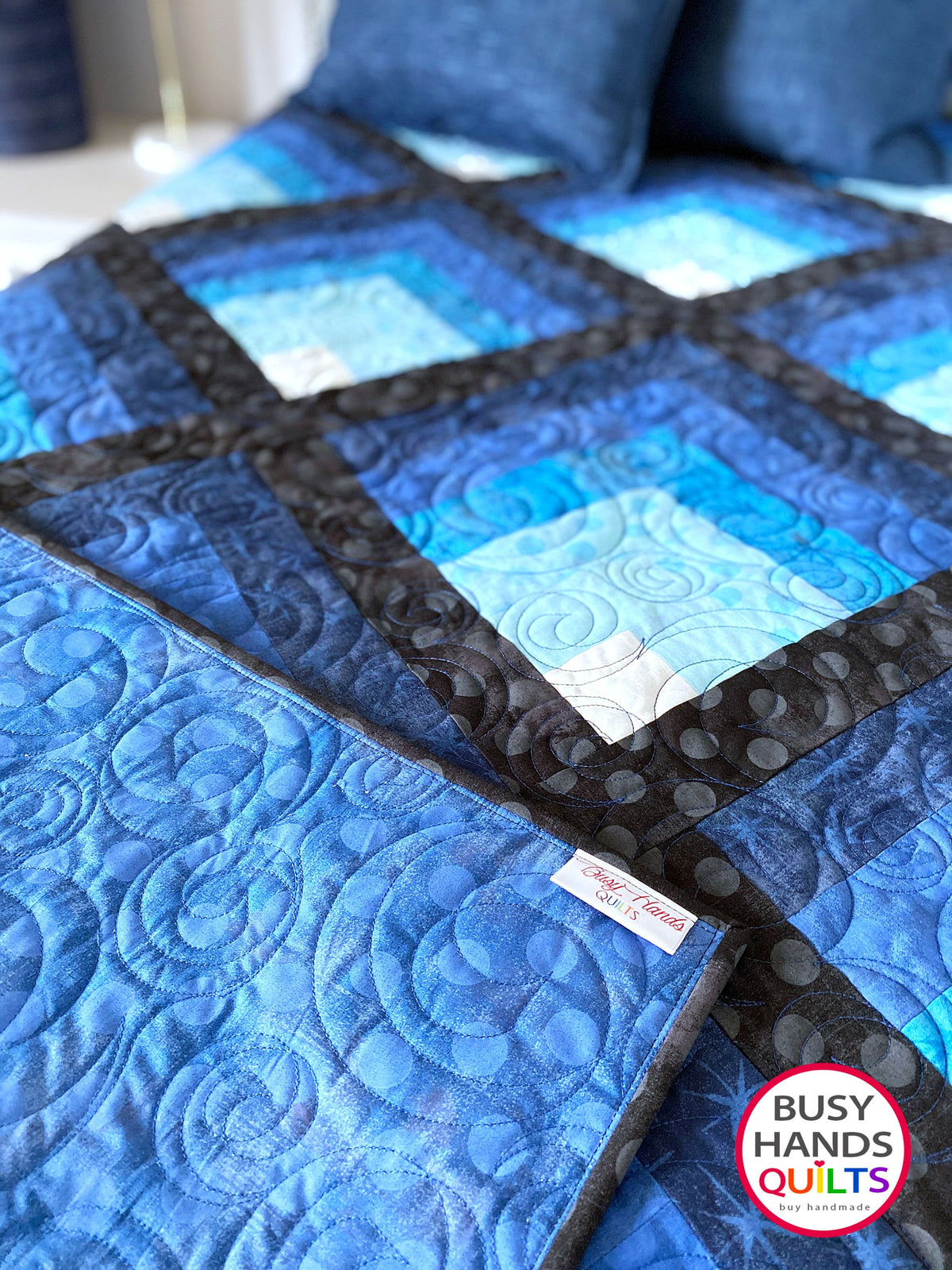 heirloom quality handmade throw quilt in blues from light to dark with black sashing, Christmas and birthday gift ideas, gifts for him, one of a kind