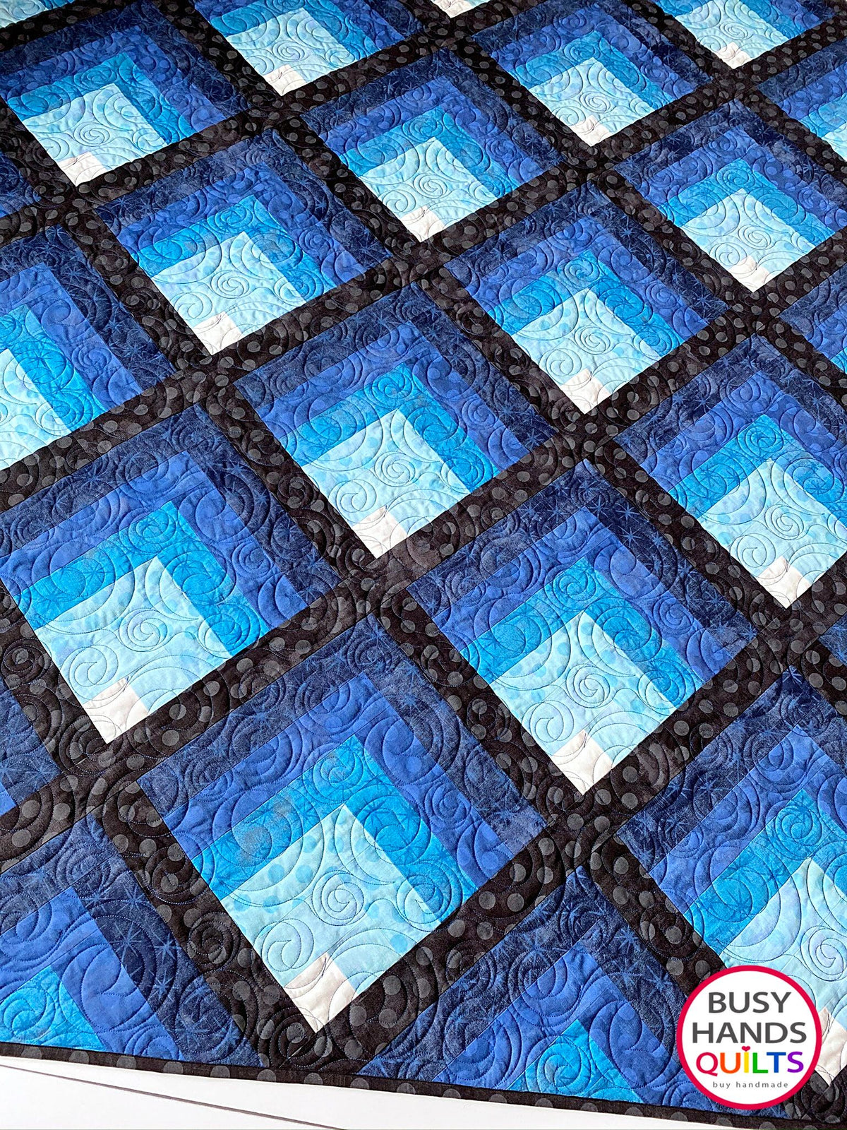 heirloom quality handmade throw quilt in blues from light to dark with black sashing, Christmas and birthday gift ideas, gifts for him, one of a kind