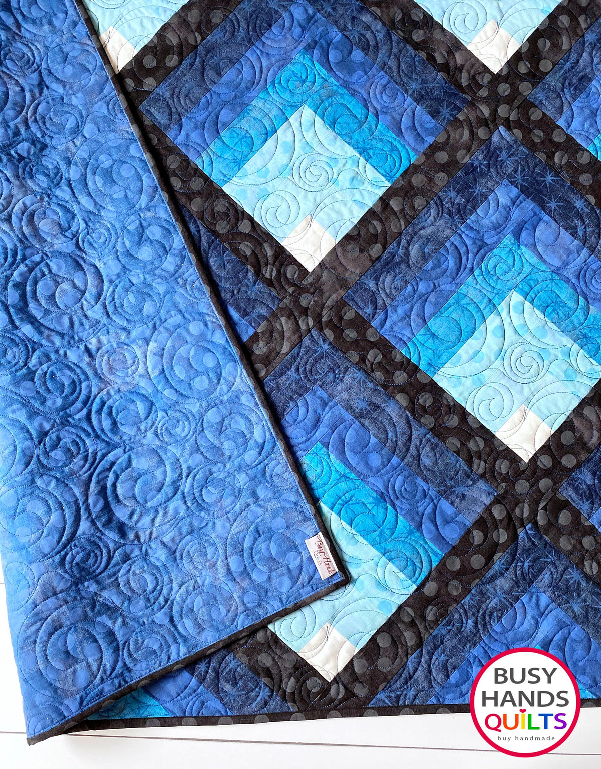 heirloom quality handmade throw quilt in blues from light to dark with black sashing, Christmas and birthday gift ideas, gifts for him, one of a kind