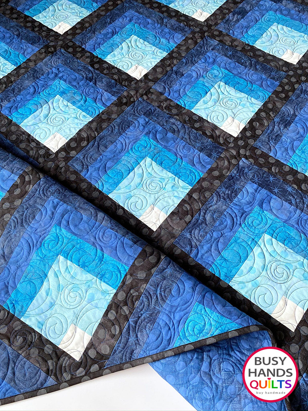 heirloom quality handmade throw quilt in blues from light to dark with black sashing, Christmas and birthday gift ideas, gifts for him, one of a kind