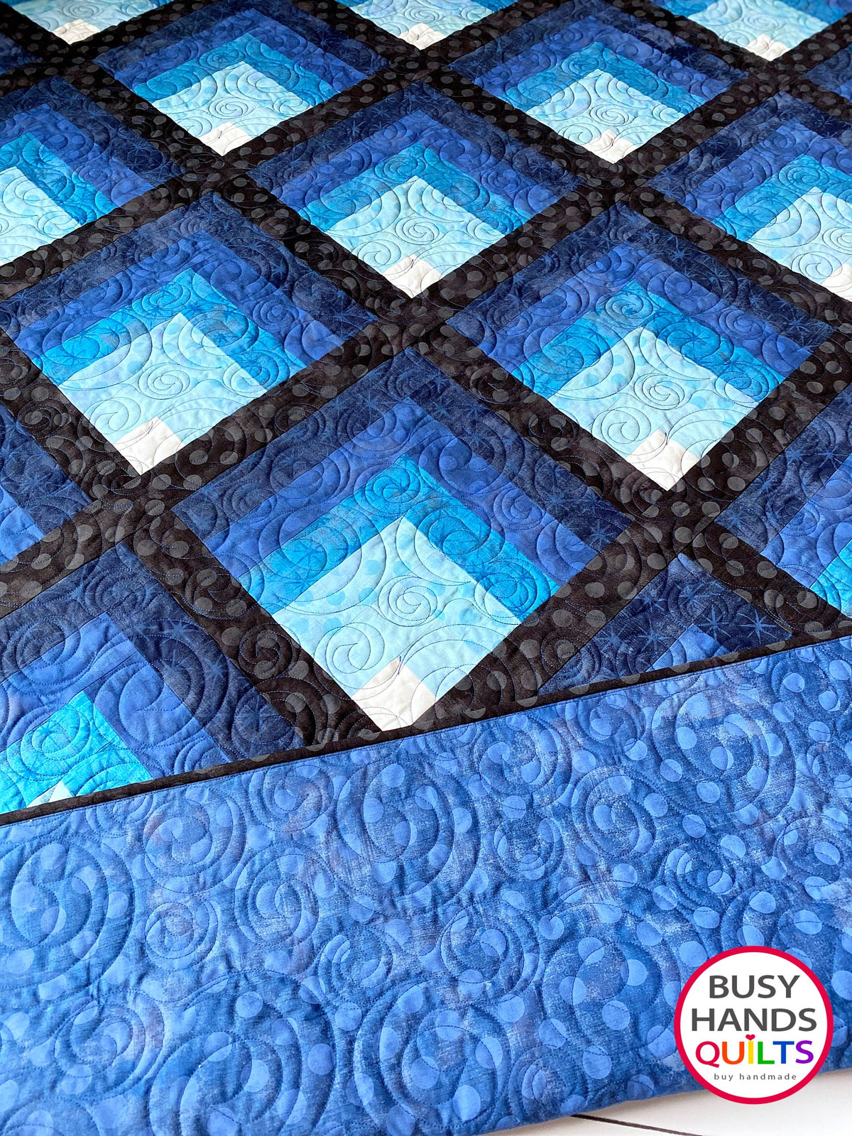 heirloom quality handmade throw quilt in blues from light to dark with black sashing, Christmas and birthday gift ideas, gifts for him, one of a kind