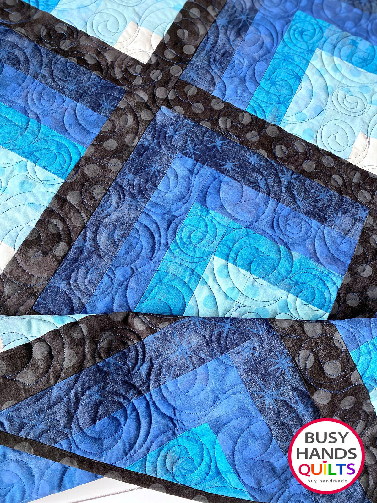 heirloom quality handmade throw quilt in blues from light to dark with black sashing, Christmas and birthday gift ideas, gifts for him, one of a kind