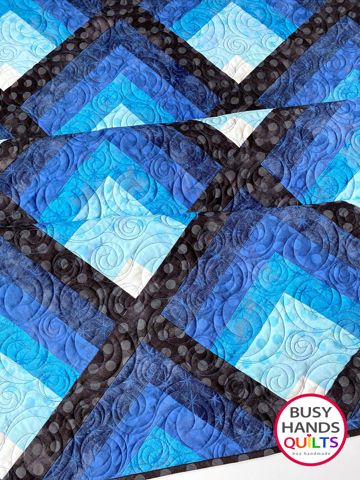 heirloom quality handmade throw quilt in blues from light to dark with black sashing, Christmas and birthday gift ideas, gifts for him, one of a kind