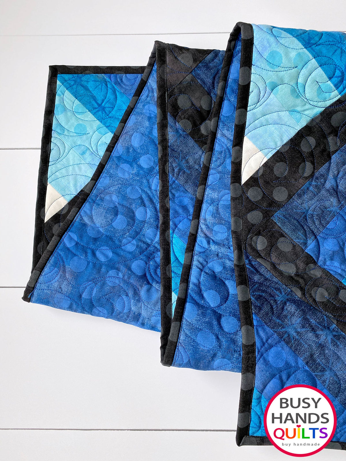 heirloom quality handmade throw quilt in blues from light to dark with black sashing, Christmas and birthday gift ideas, gifts for him, one of a kind