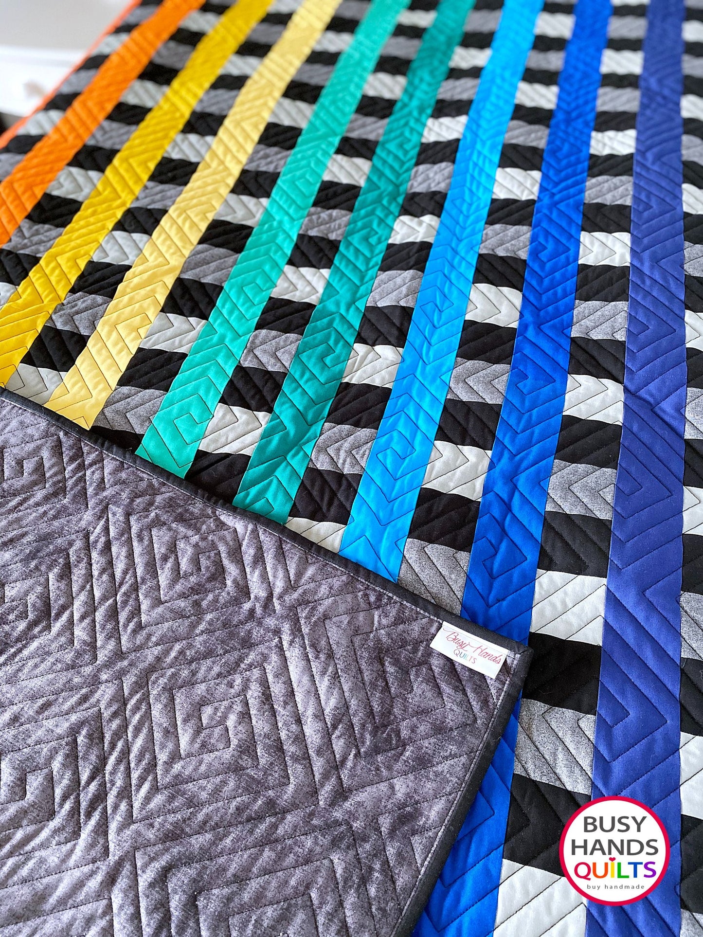 Handmade Woven Threads Twin Quilt in Rainbow Solids and Black