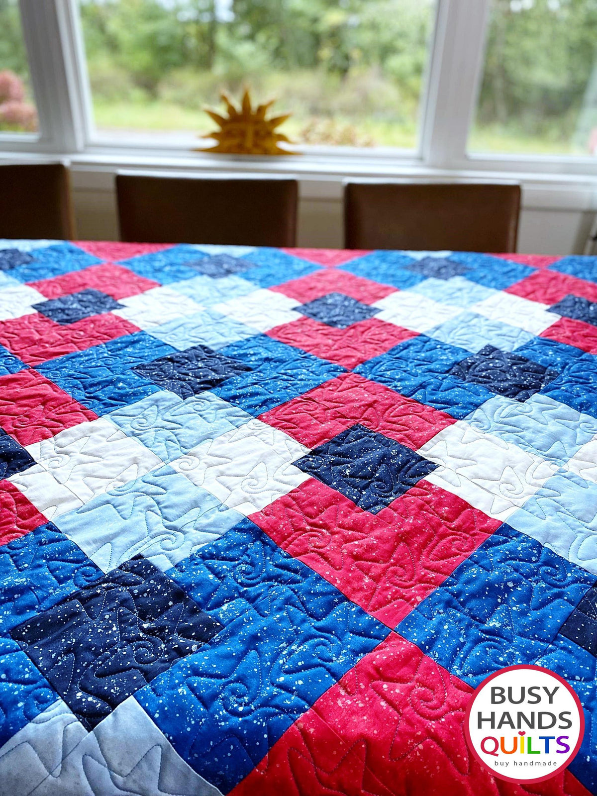 Handmade Precious Plaid Throw Quilt in Patriotic Shimmer