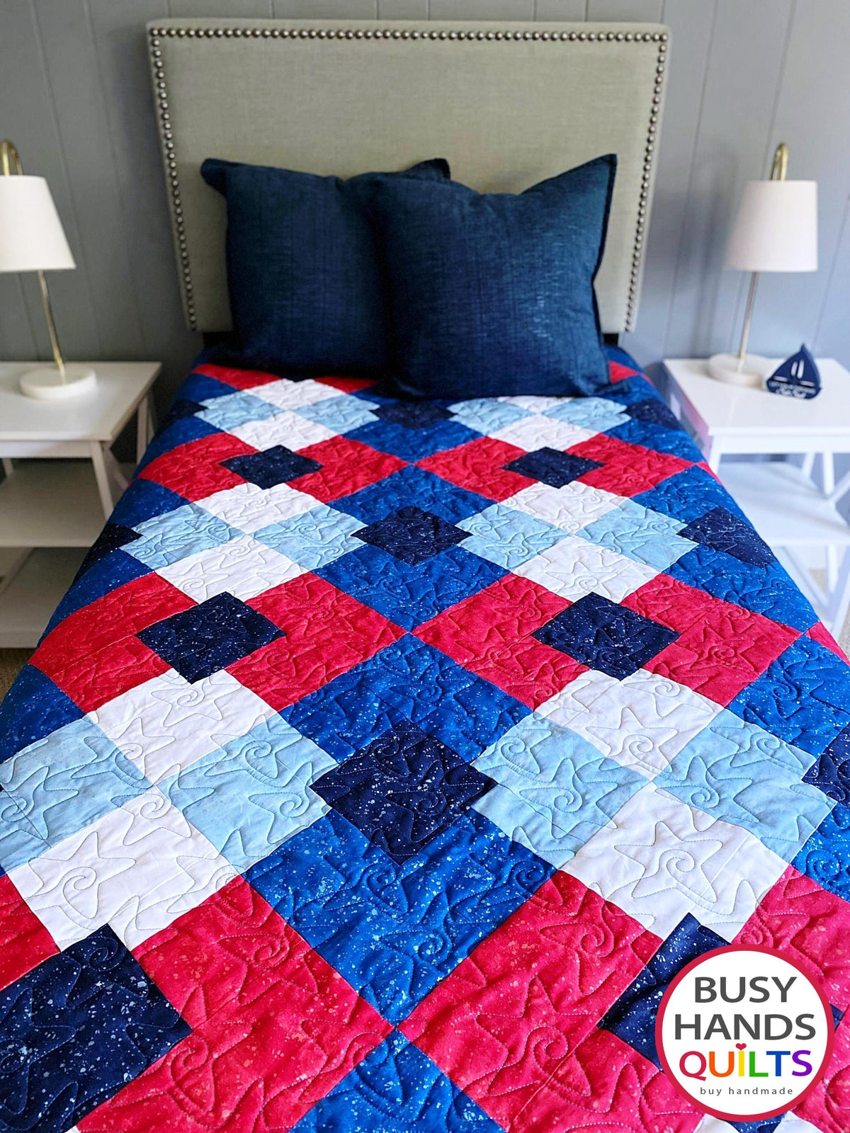 Handmade Precious Plaid Throw Quilt in Patriotic Shimmer