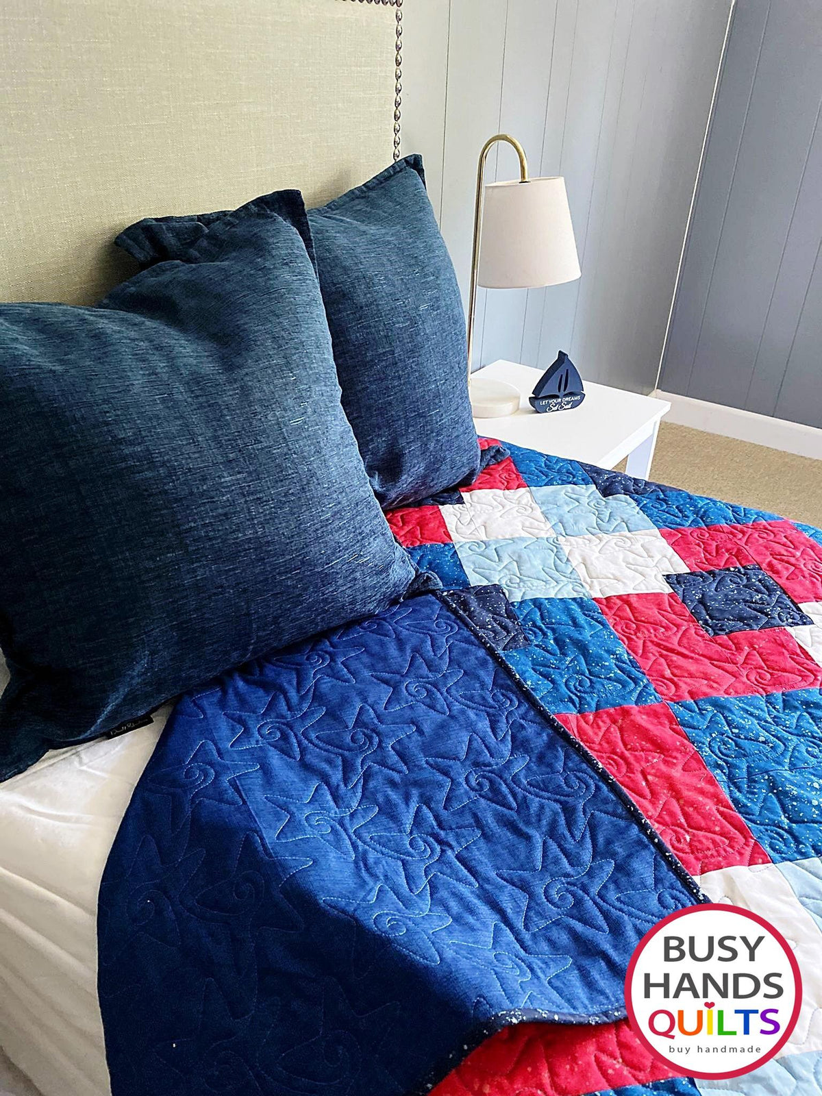 Handmade Precious Plaid Throw Quilt in Patriotic Shimmer