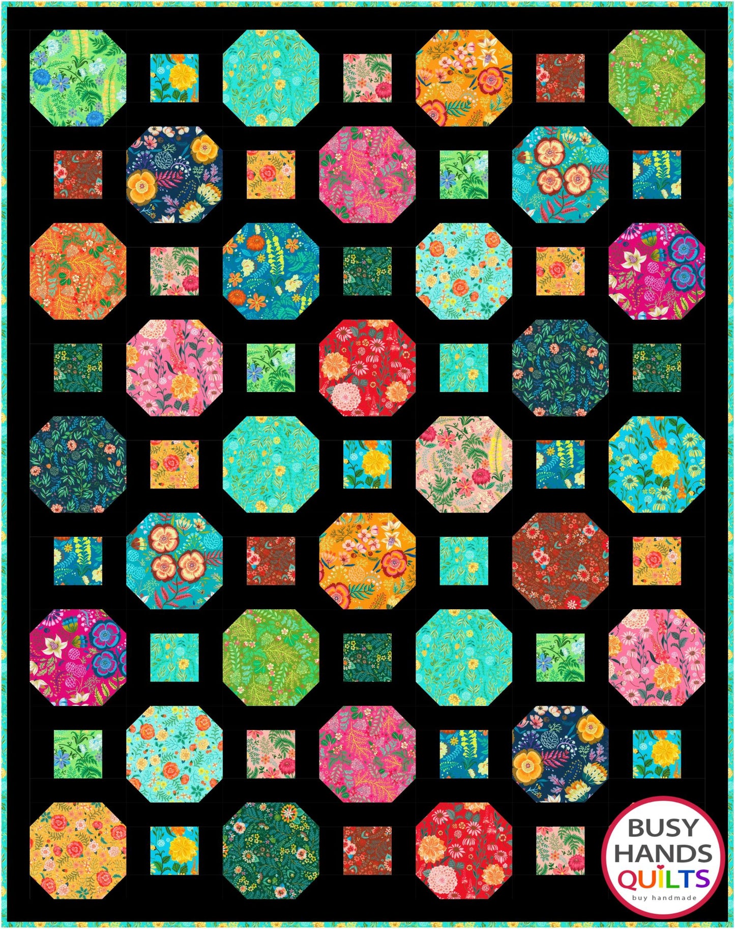 Rolling Around Throw Quilt Kit in Faraway Florals on Black