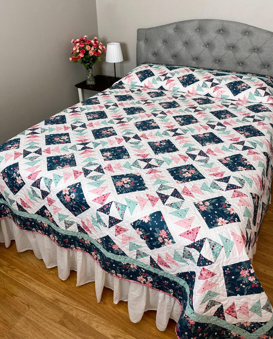 Handmade Harmony Long Queen Quilt in Berry Market