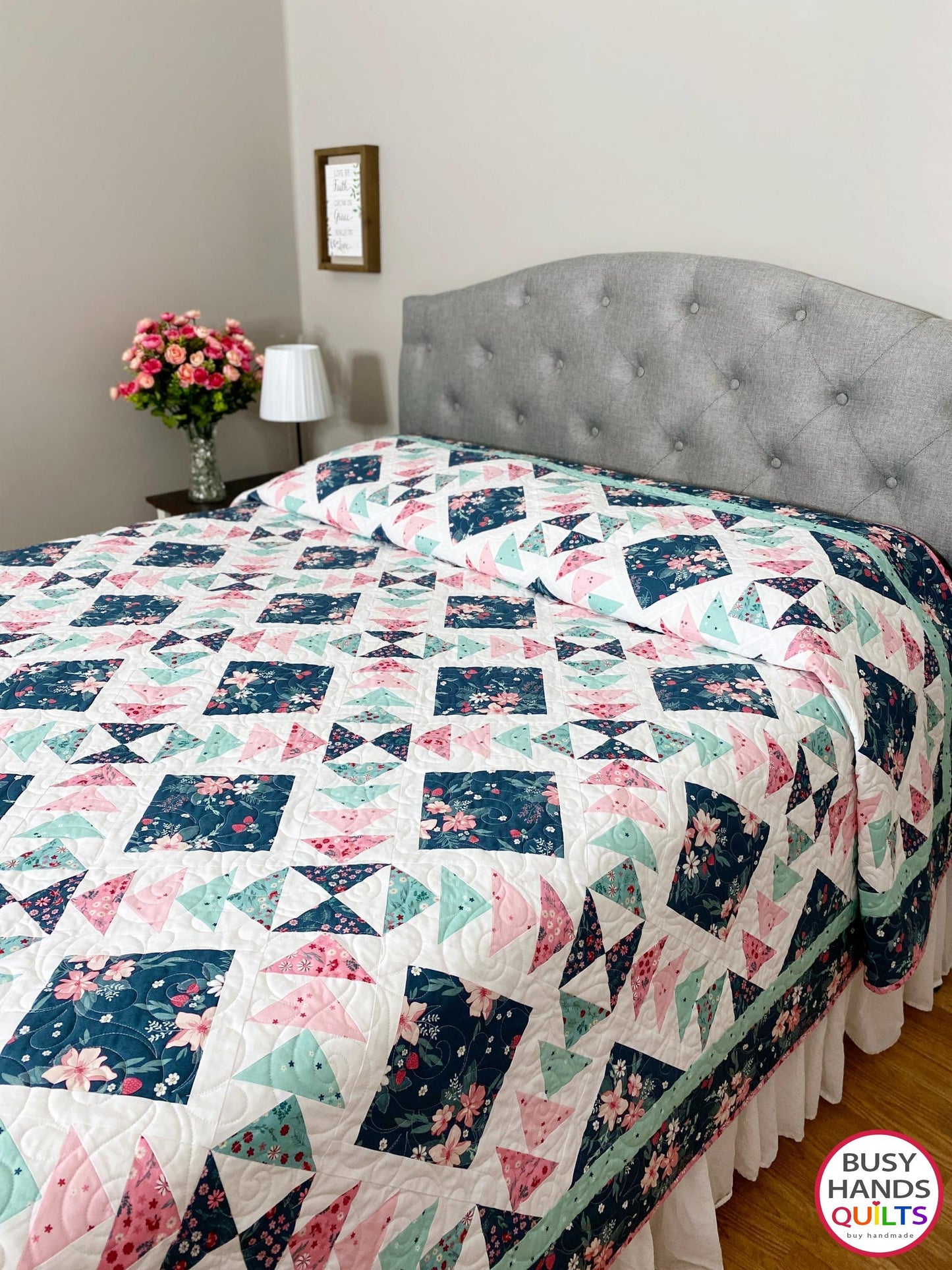 Handmade Harmony Long Queen Quilt in Berry Market