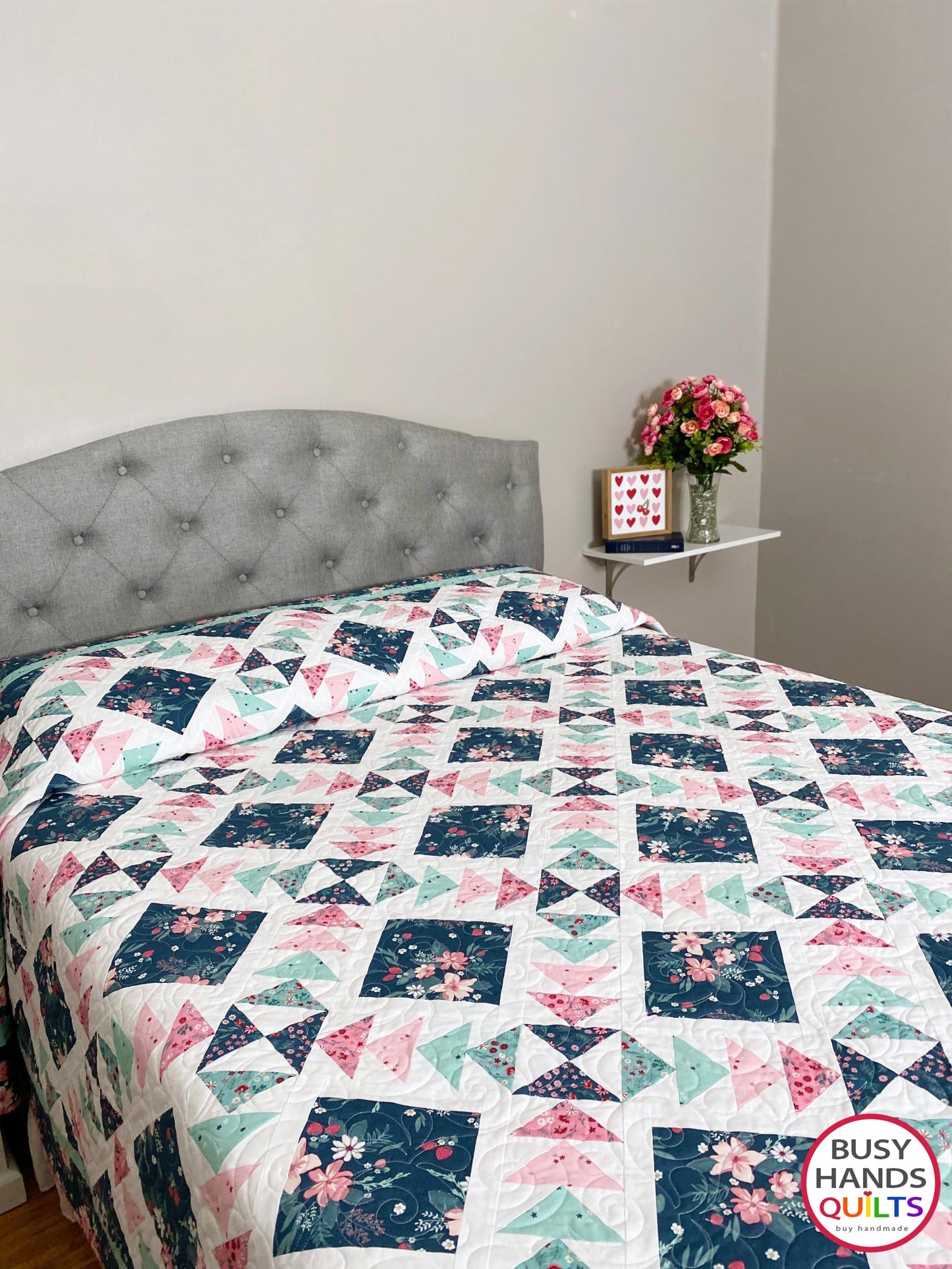 Handmade Harmony Long Queen Quilt in Berry Market