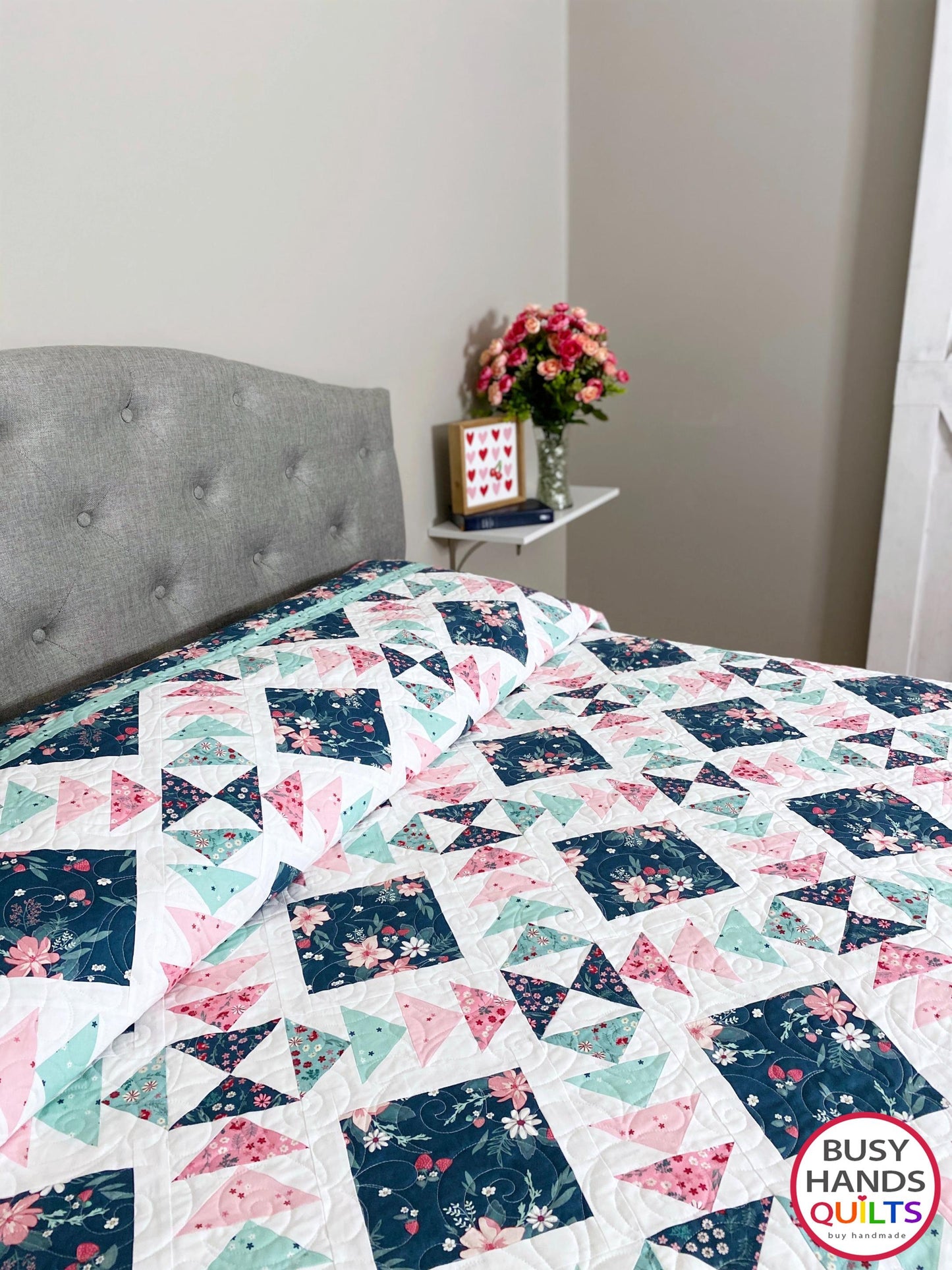 Handmade Harmony Long Queen Quilt in Berry Market