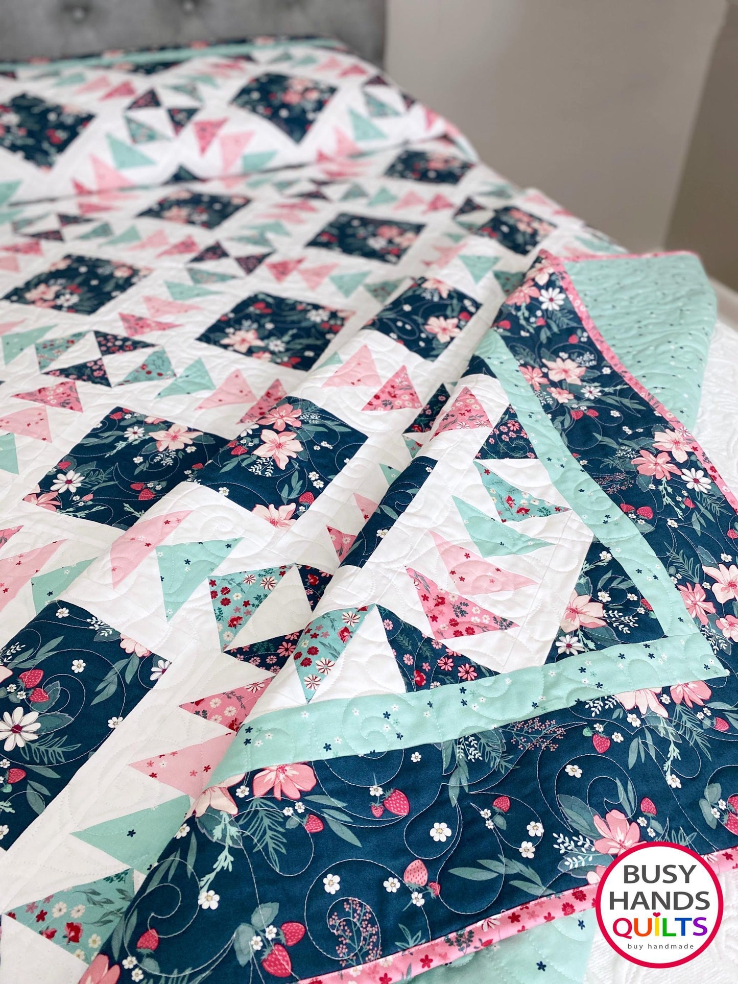 Handmade Harmony Long Queen Quilt in Berry Market