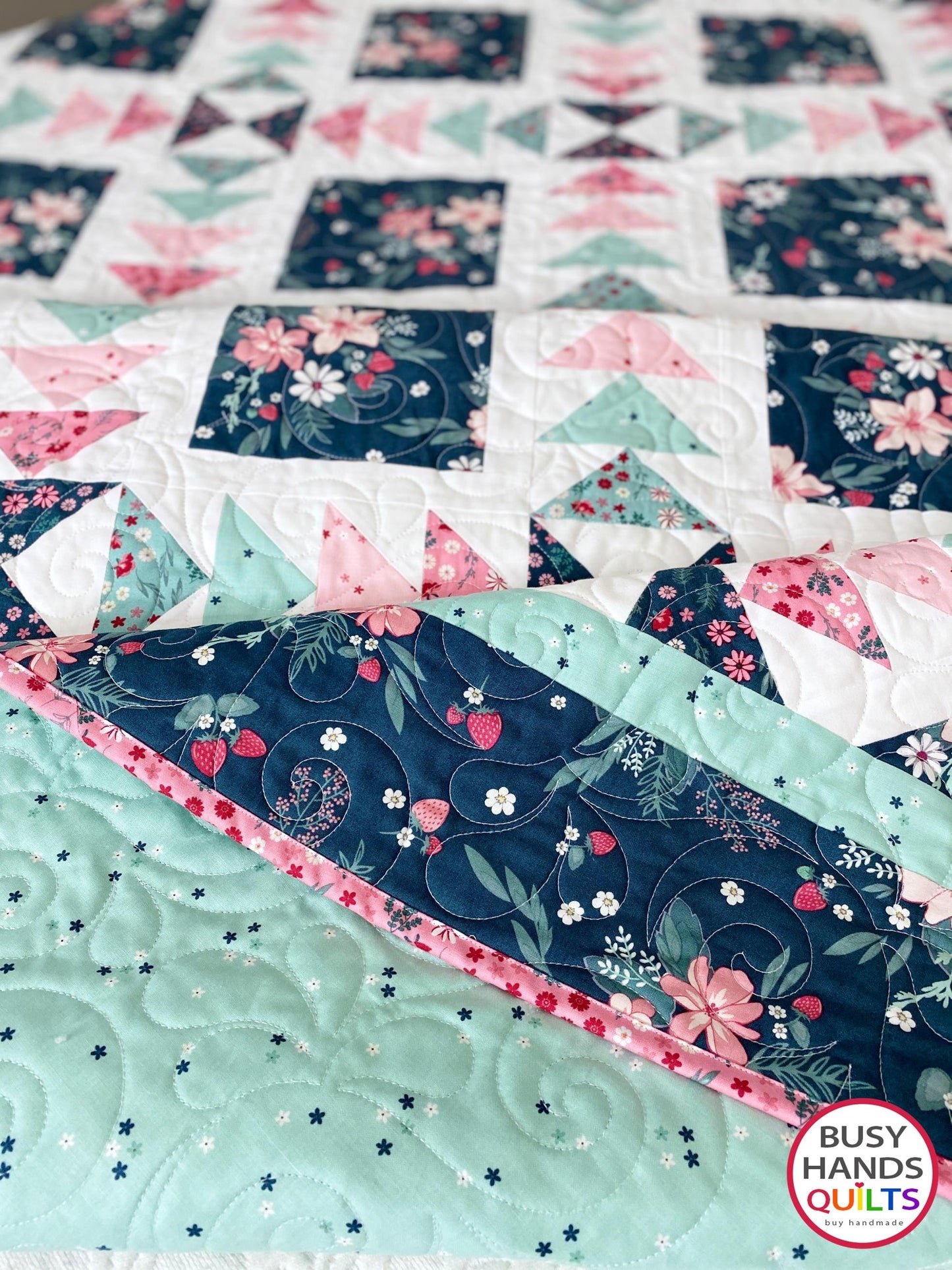 Handmade Harmony Long Queen Quilt in Berry Market