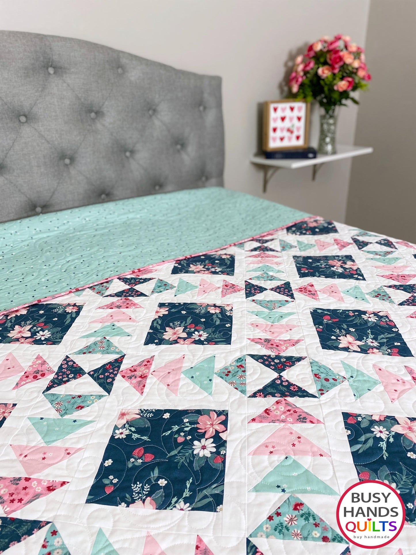 Handmade Harmony Long Queen Quilt in Berry Market