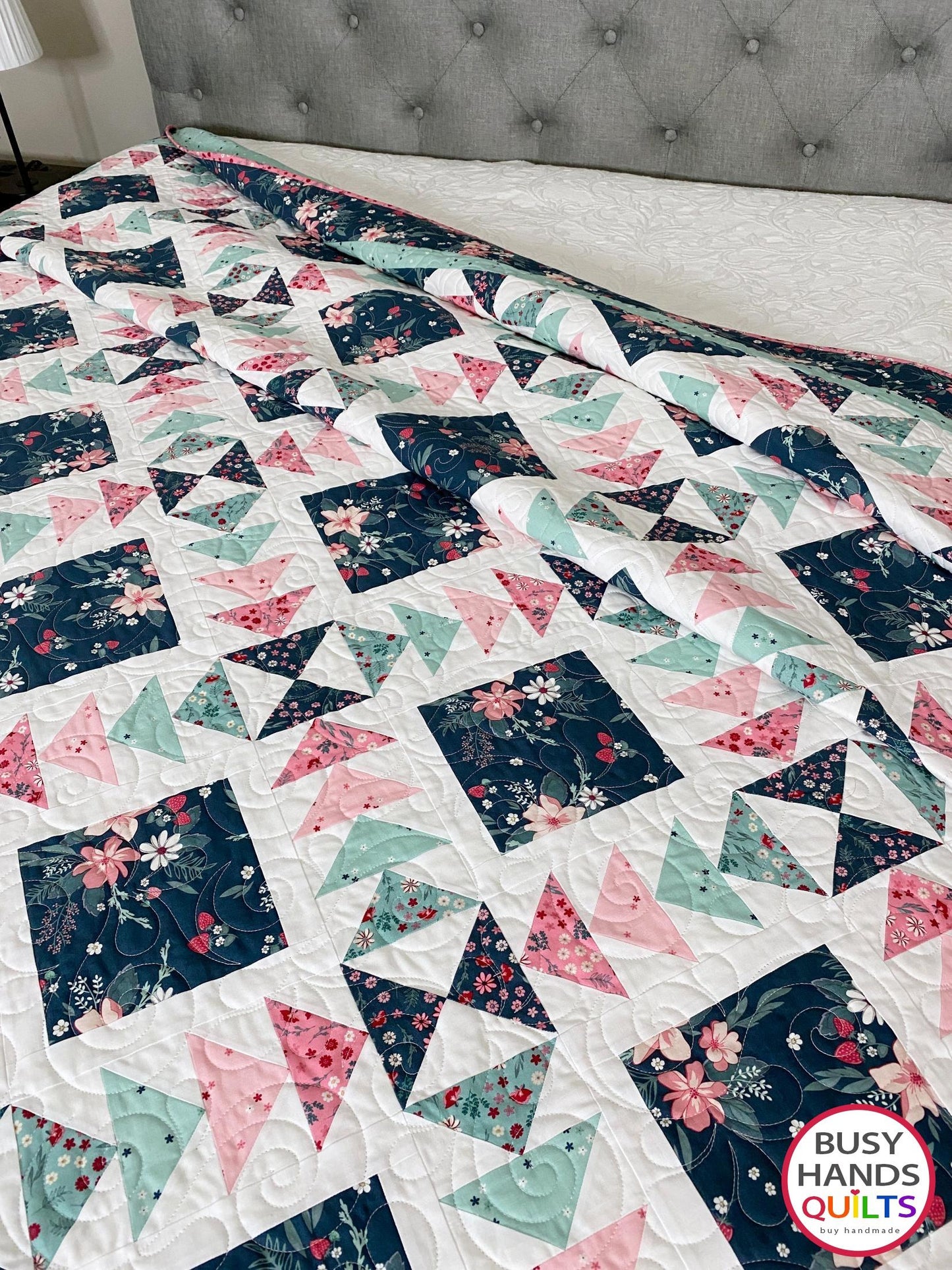Handmade Harmony Long Queen Quilt in Berry Market