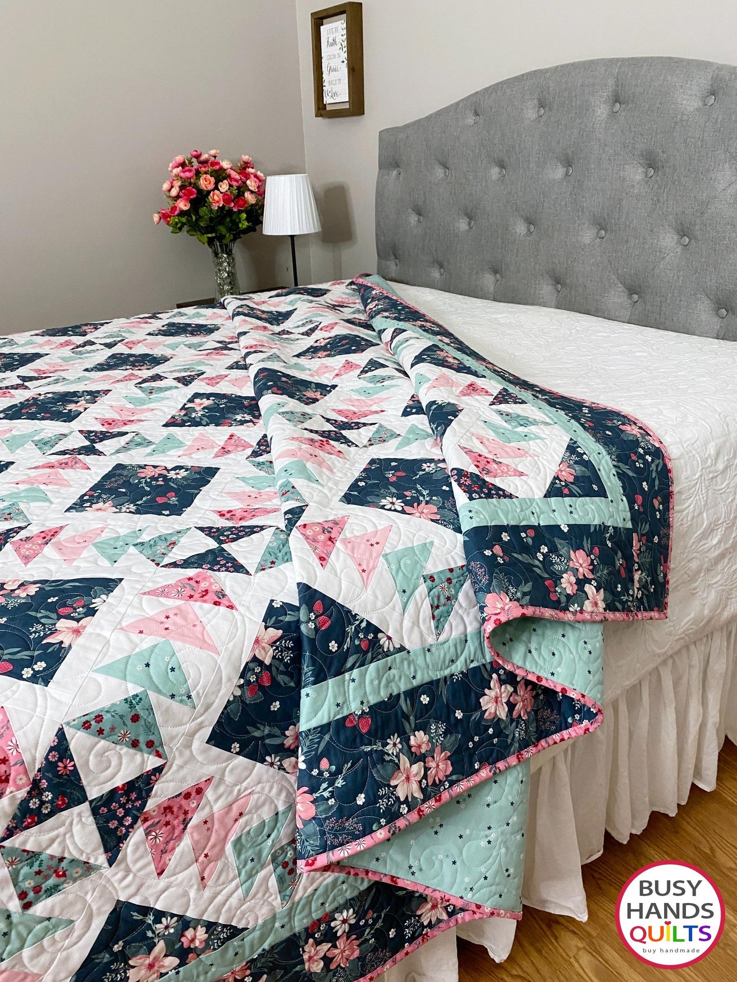 Handmade Harmony Long Queen Quilt in Berry Market