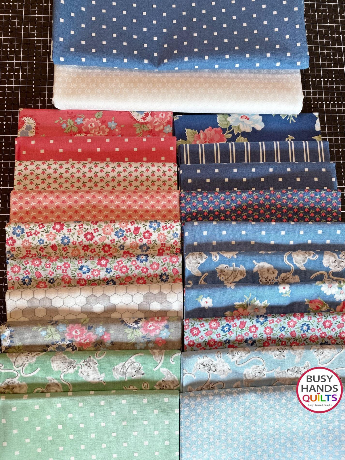 Blessings Twin Quilt in A Cat Named Stitch by Camille Roskelley for Moda Fabrics in red blue green pink gray white Quilt pattern by Myra Barnes of Busy Hands Quilts