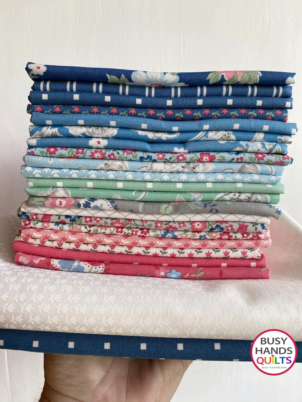 Blessings Twin Quilt in A Cat Named Stitch by Camille Roskelley for Moda Fabrics in red blue green pink gray white Quilt pattern by Myra Barnes of Busy Hands Quilts