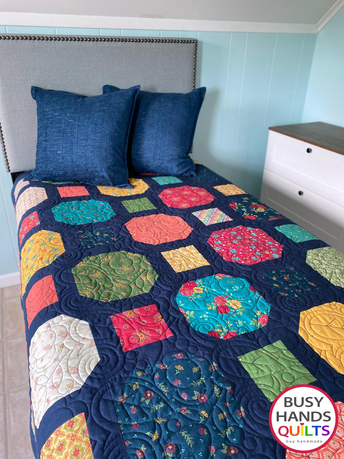 Handmade Rolling Around Large Throw Quilt in Market Street
