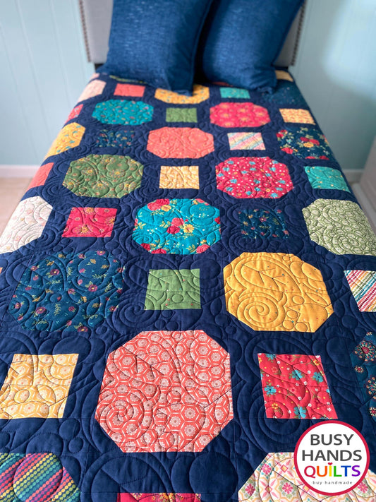 Handmade Rolling Around Large Throw Quilt in Market Street