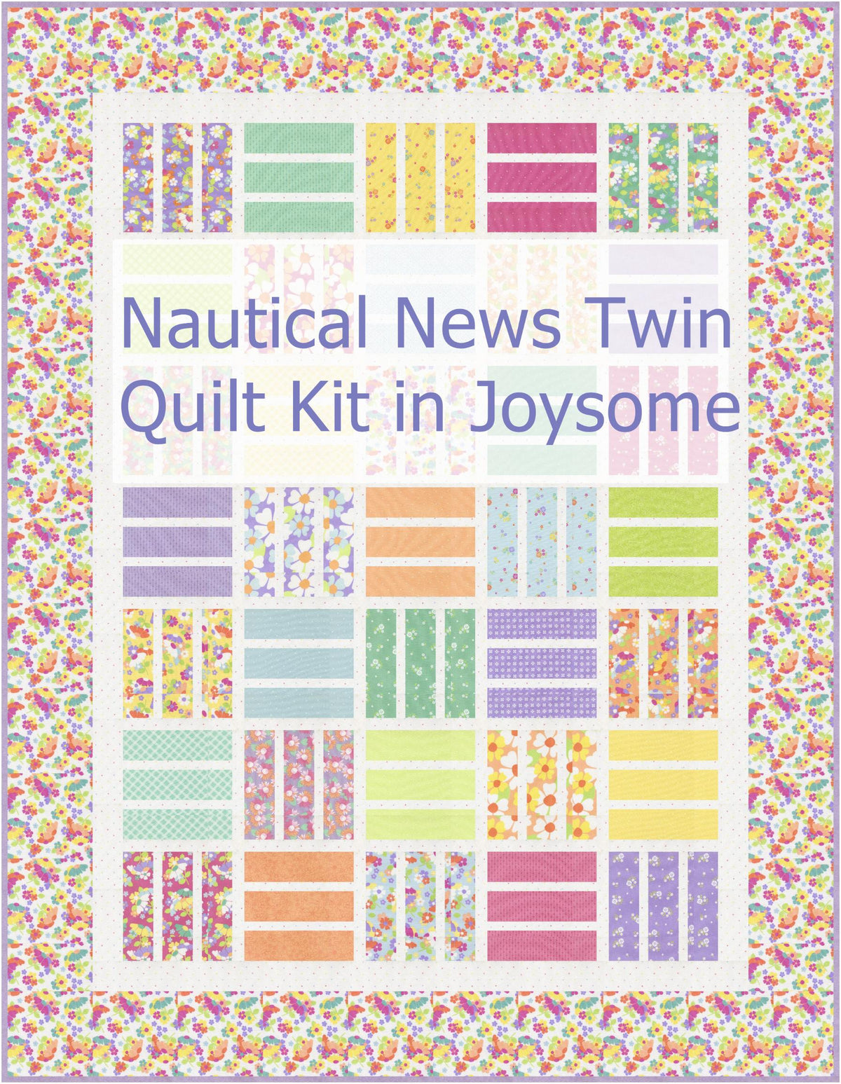 Nautical News twin size patchwork bed quilt in purple, yellow, mint green, orange, pink on a bed in a young girl's bedroom in Joysome fabrics, pattern by Busy Hands Quilts