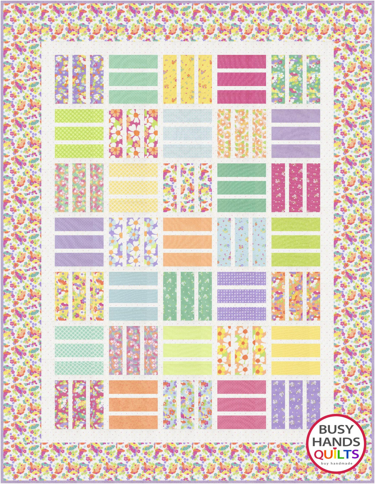 Nautical News twin size patchwork bed quilt in purple, yellow, mint green, orange, pink on a bed in a young girl's bedroom in Joysome fabrics, pattern by Busy Hands Quilts