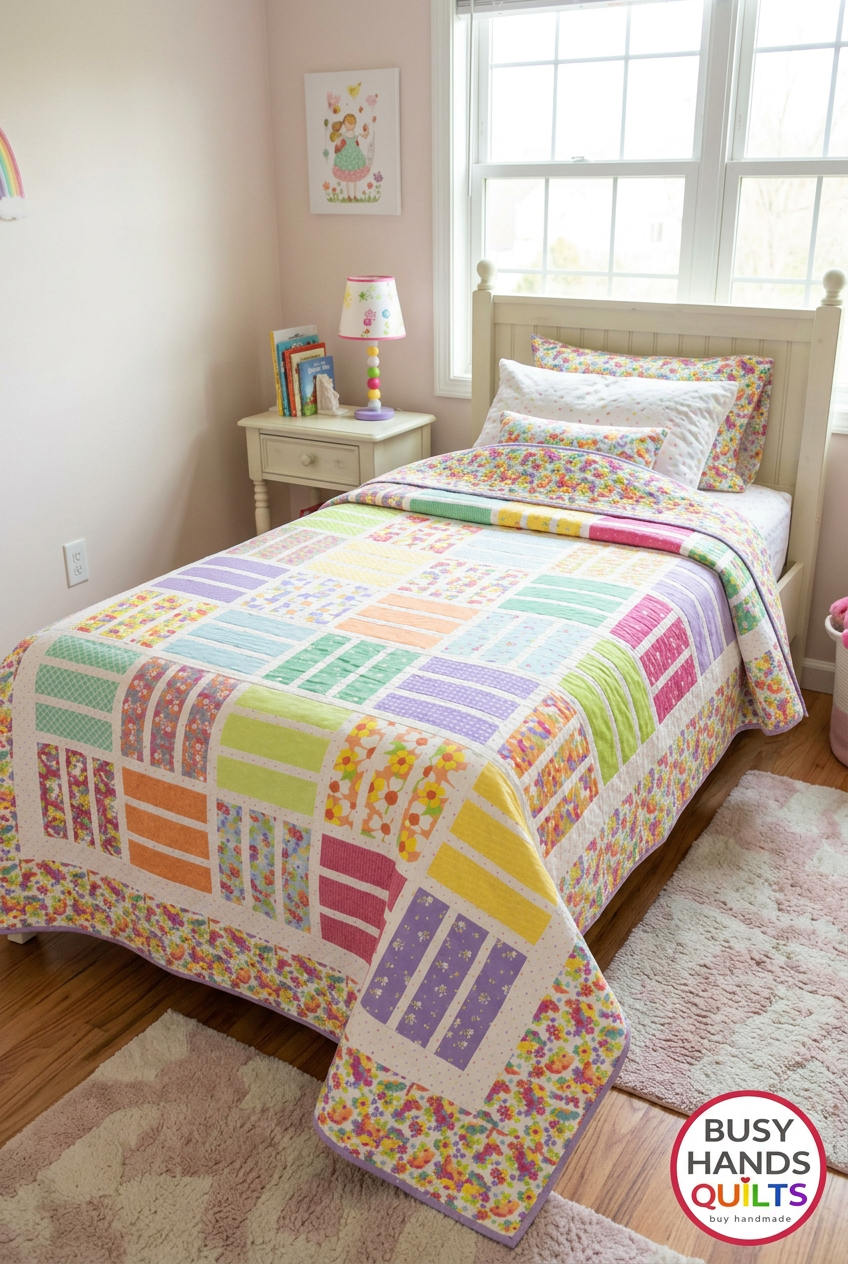 Nautical News twin size patchwork bed quilt in purple, yellow, mint green, orange, pink on a bed in a young girl's bedroom in Joysome fabrics, pattern by Busy Hands Quilts