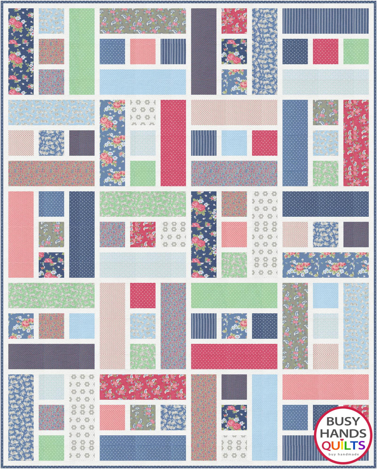 Blessings Twin Quilt in A Cat Named Stitch by Camille Roskelley for Moda Fabrics in red blue green pink gray white Quilt pattern by Myra Barnes of Busy Hands Quilts