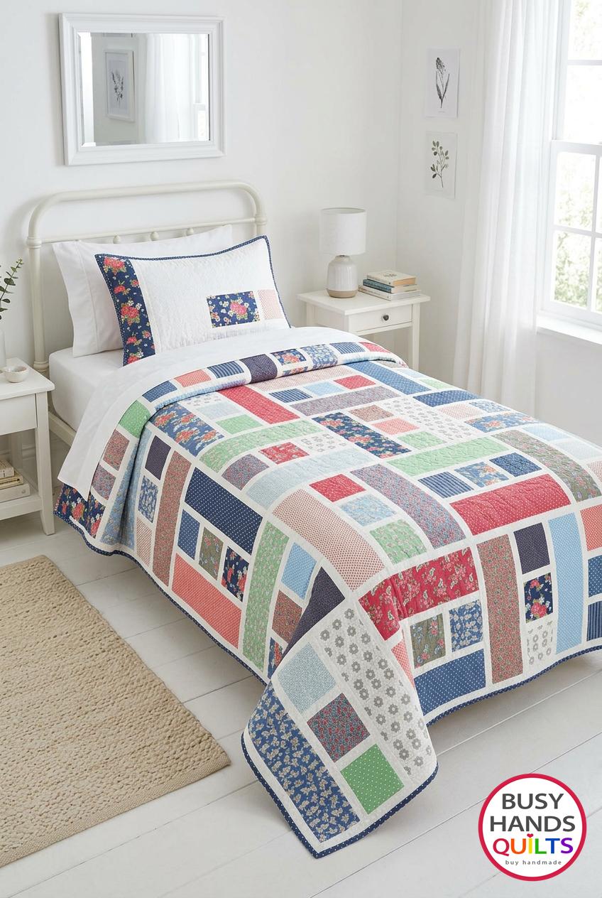 Blessings Twin Quilt on a Twin Bed in A Cat Named Stitch by Camille Roskelley for Moda Fabrics in red blue green pink gray white Quilt pattern by Myra Barnes of Busy Hands Quilts