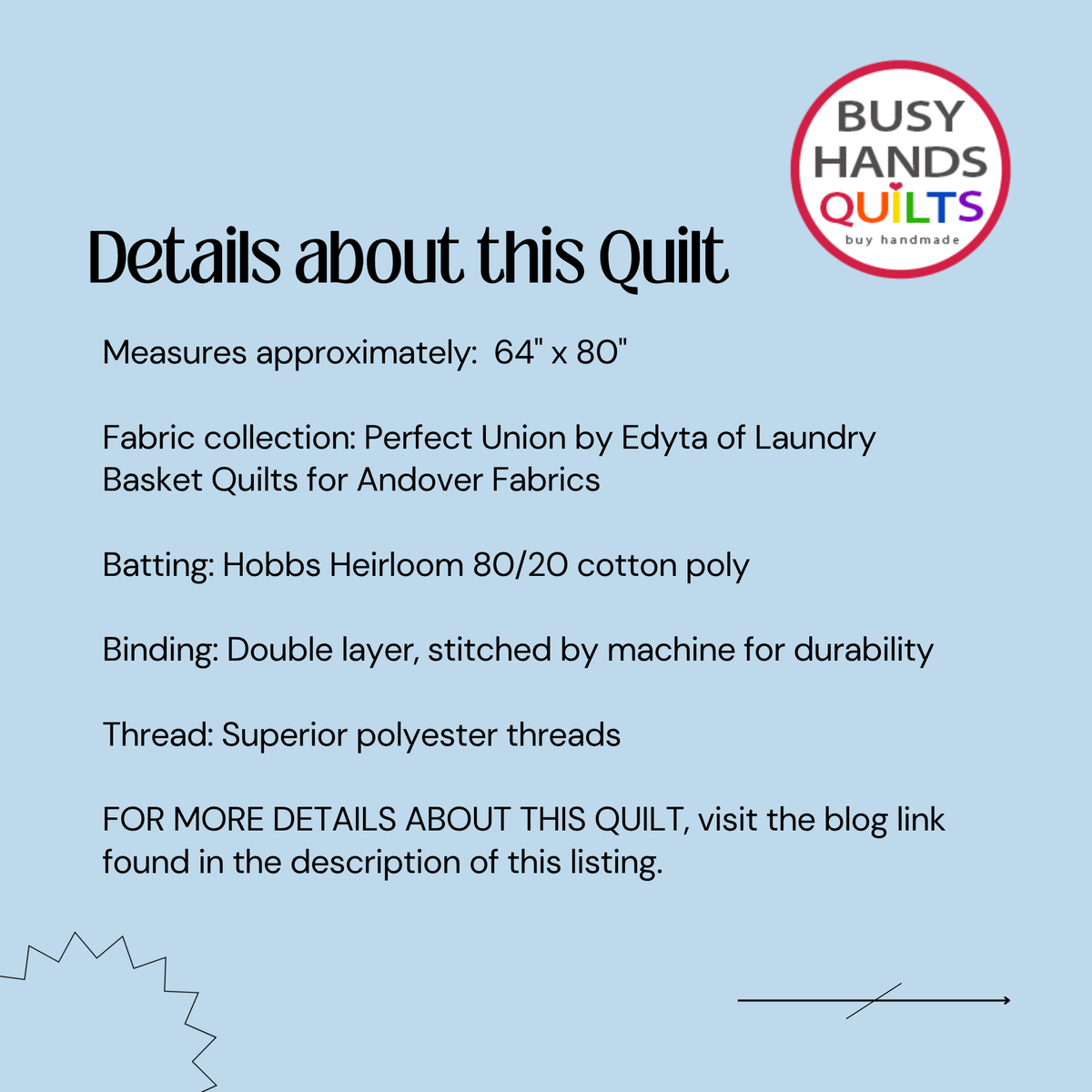 A light blue graphic with black text detailing the measurements and fabric information for a quilt, plus a circular 'Busy Hands Quilts' logo in the top right.
