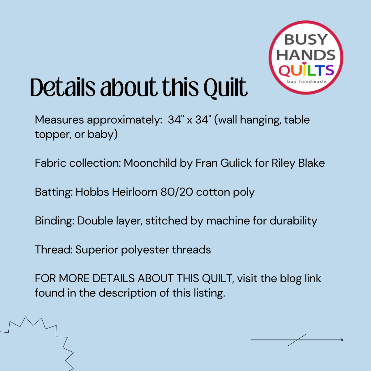 A light blue graphic with black text titled 'Details about this Quilt' listing measurements, fabric collection, batting, binding, and thread details for a quilt by Fran Gulick for Riley Blake.
