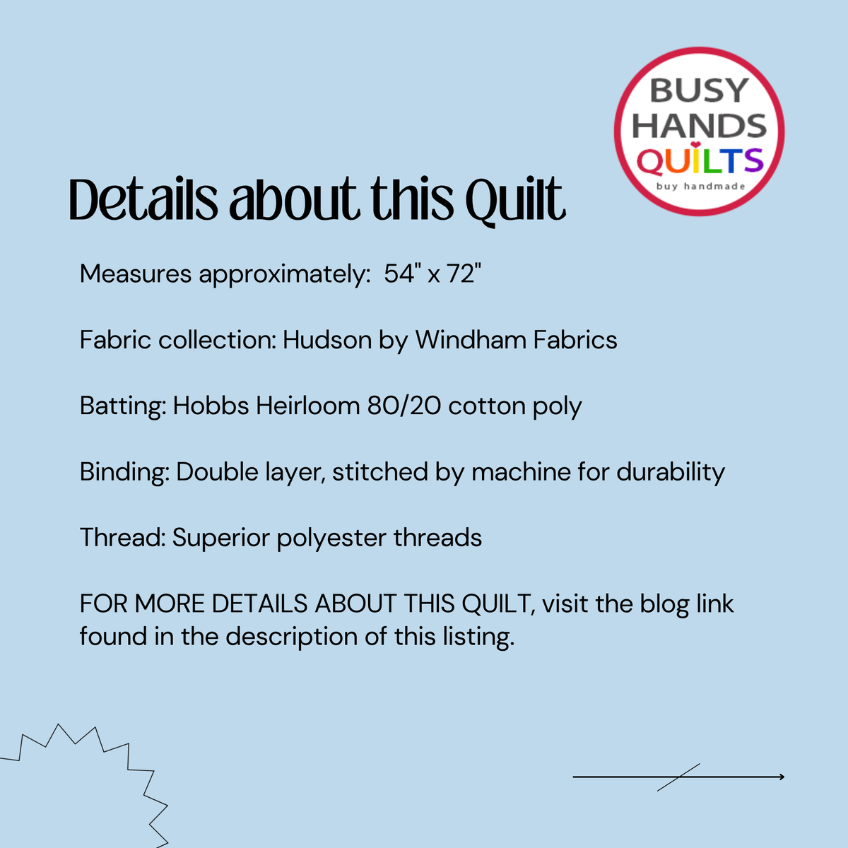 A light blue graphic with text detailing the measurements and fabric information of a quilt by Busy Hands Quilts. The text reads 'Details about this Quilt' followed by specifications including dimensions, fabric collection, batting, binding, and thread.